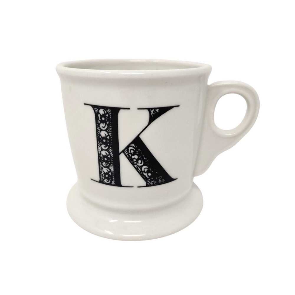 Anthropologie Monogram “K” Initial Mug White Black Ceramic Footed Coffee Cup Tea